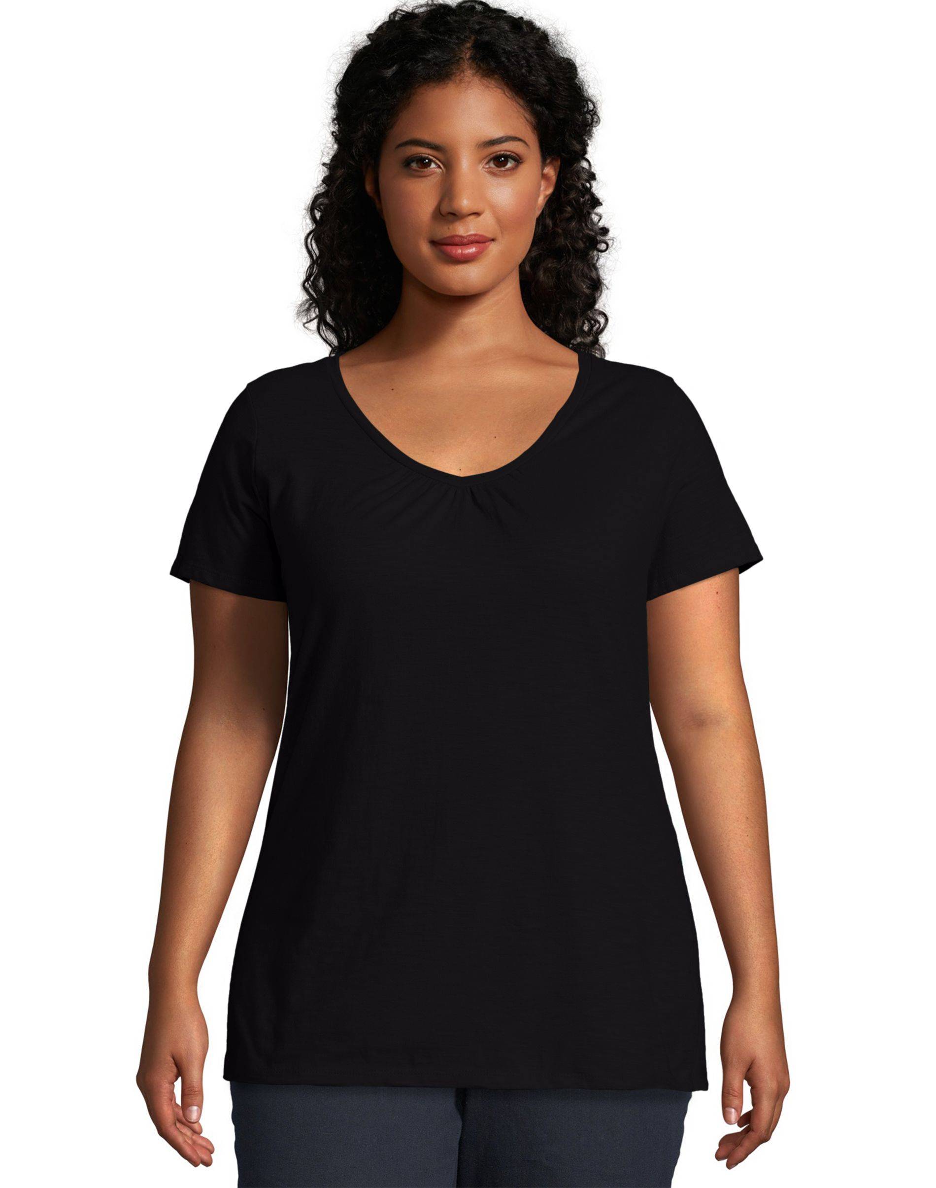 Just My Size Slub-Cotton Short-Sleeve Shirred V-Neck Women's Tee - OJ193