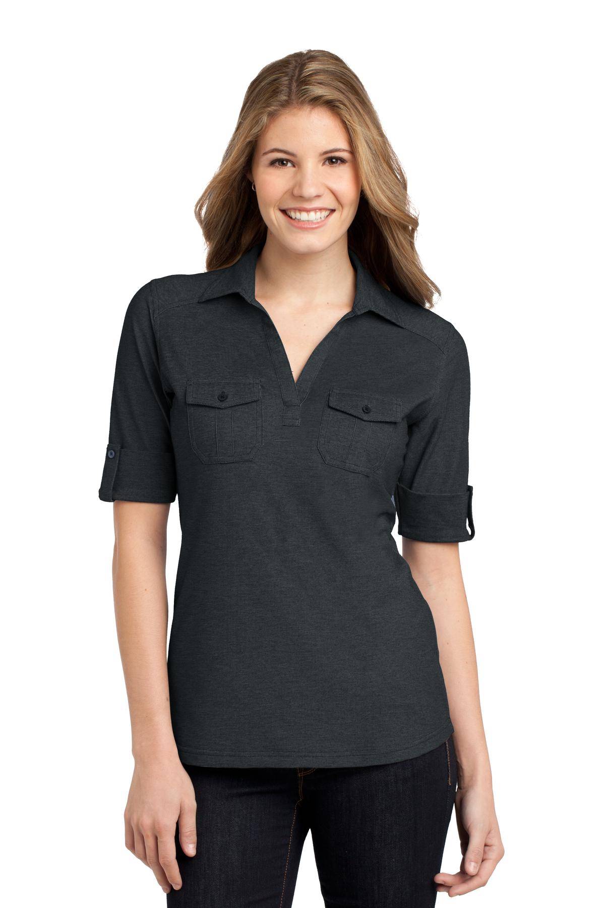 Port Authority L557 Ladies Oxford Pique Double Pocket Polo - ApparelShopUSA