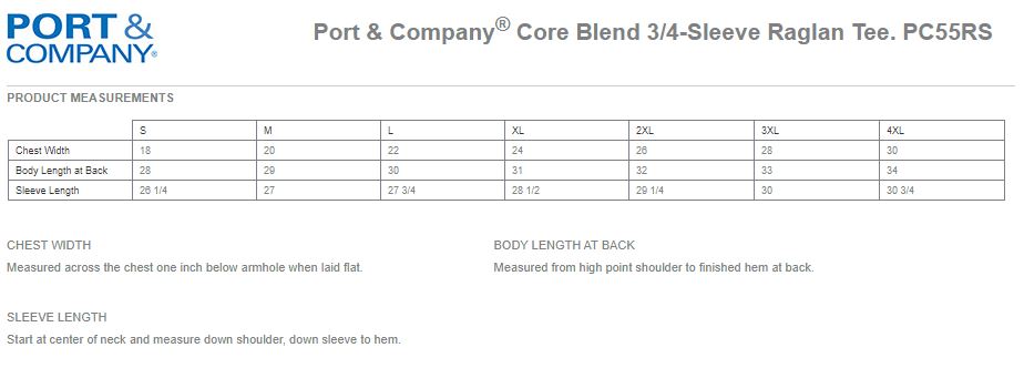 Port & Company PC55RS Core Blend 3/4-Sleeve Raglan Tee - ApparelShopUSA