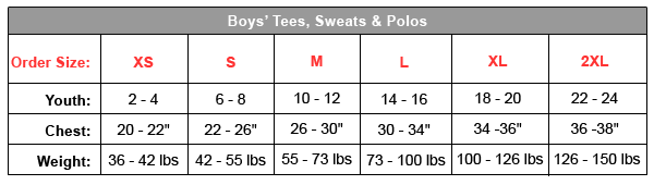 Youth Size Chart Hoodies