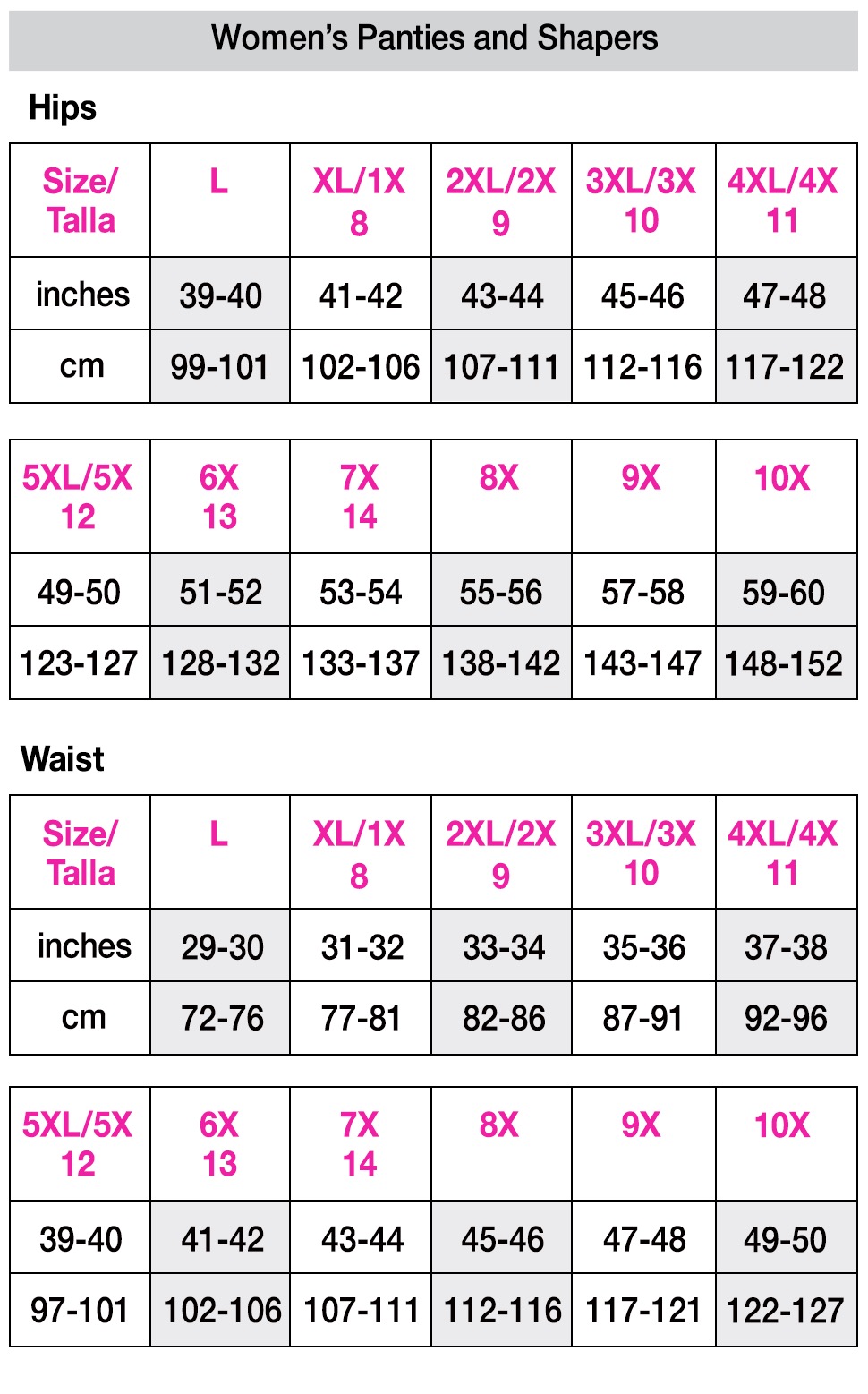 Shapers Pants Size Chart